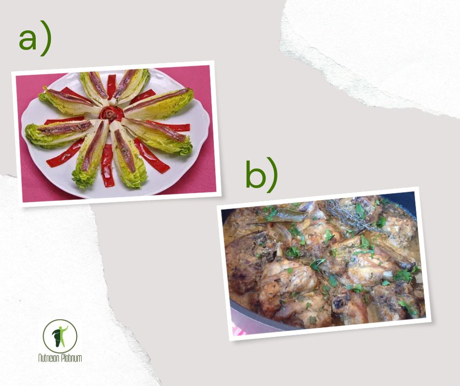 Cogollos de lechuga a la mediterránea con conejo al ajillo.